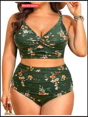 Plus Size High Waisted Bikini Set Tummy Control Twist Top Swimwear